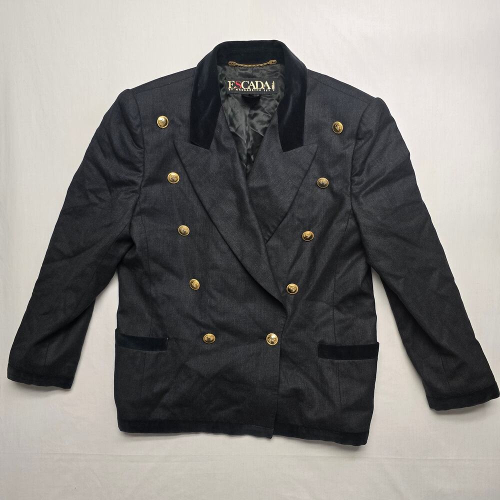 Vintage Escada Margaretha Ley Jacket 22 Black Wool Double Breasted Blazer 80s